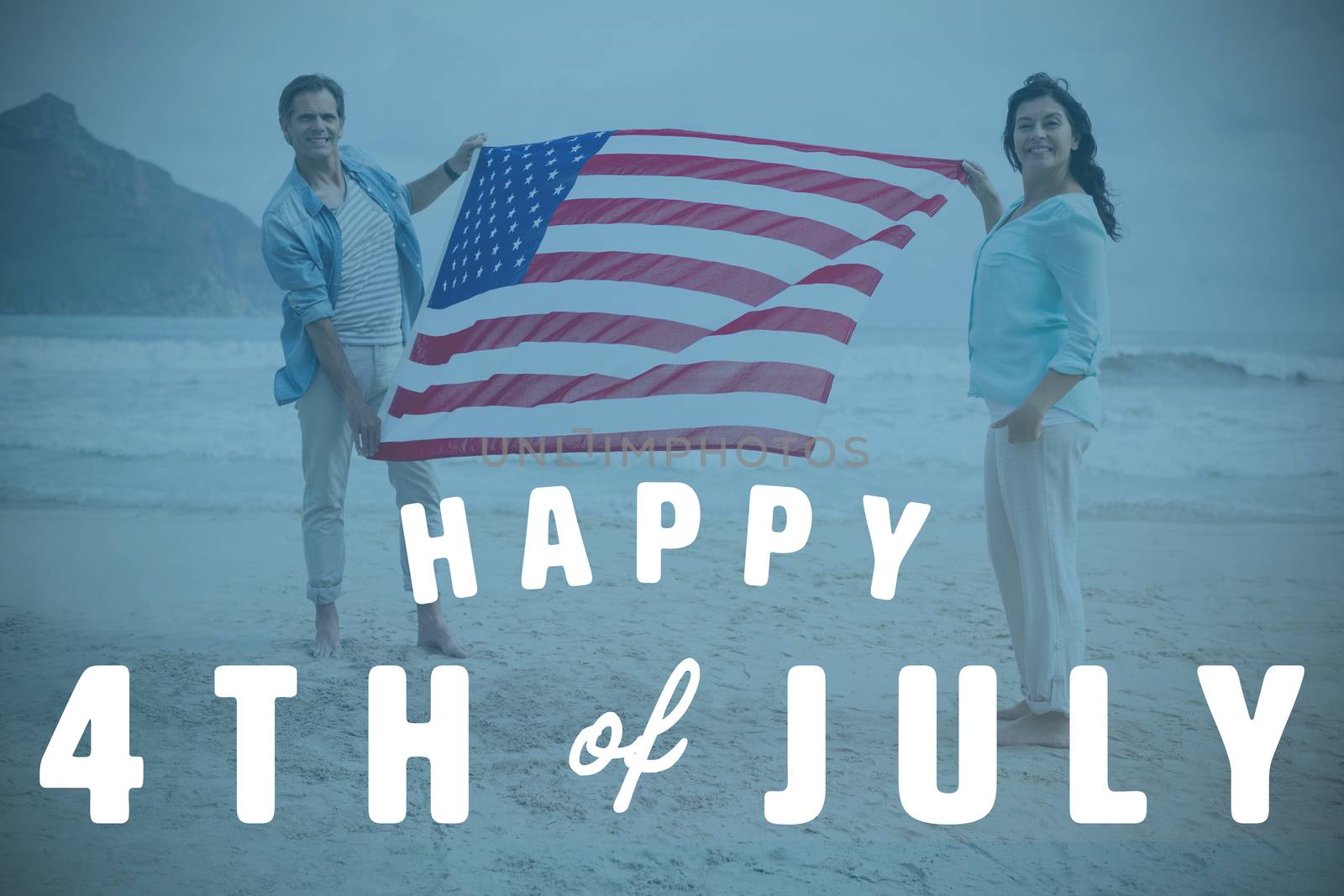 Digitally generated image of happy 4th of july text against portrait of couple holding american flag on beach