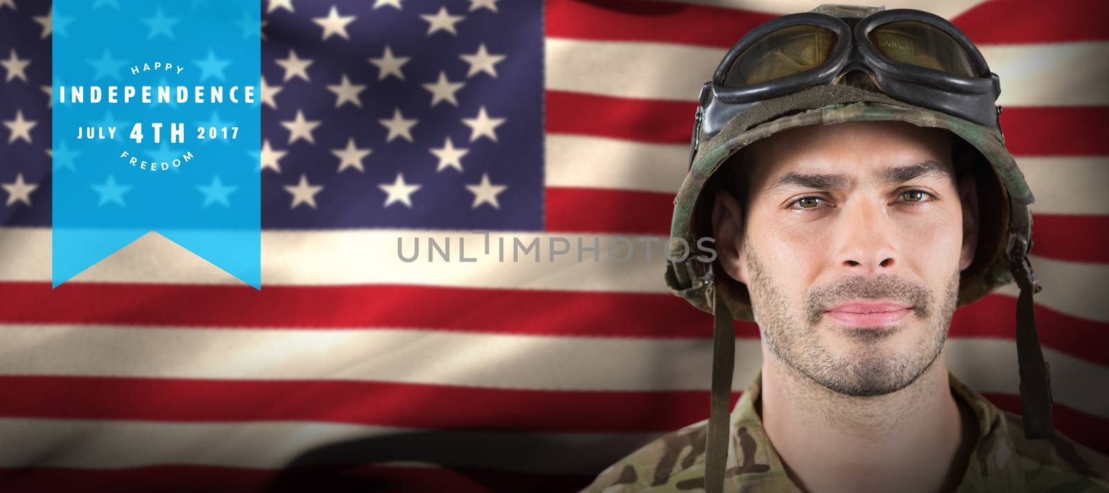 Close up of handsome soldier against computer graphic image of happy 4th of july text