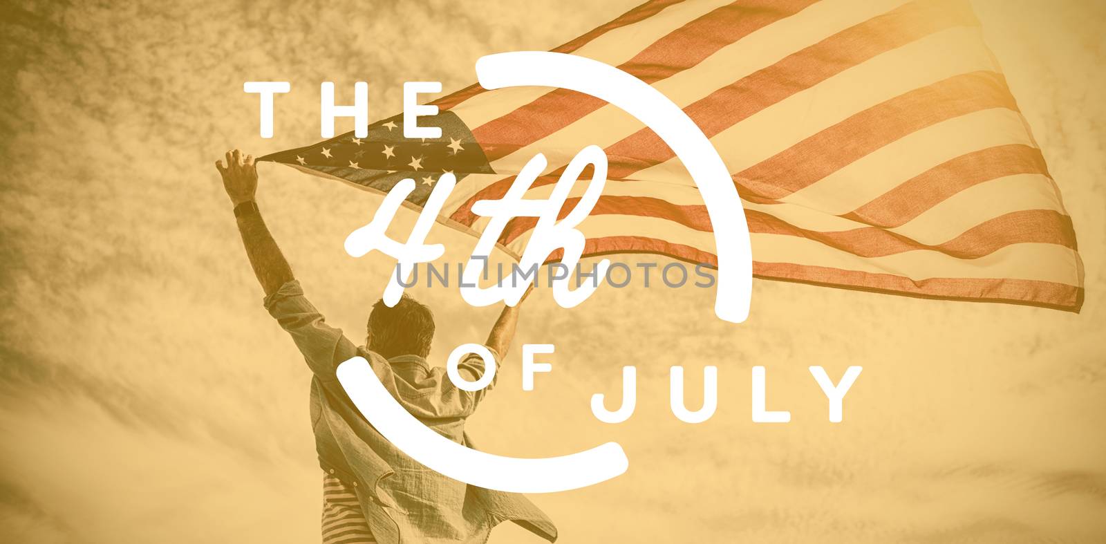 Colorful happy 4th of july text against white background against low angle view of man holding american flag against cloudy sky