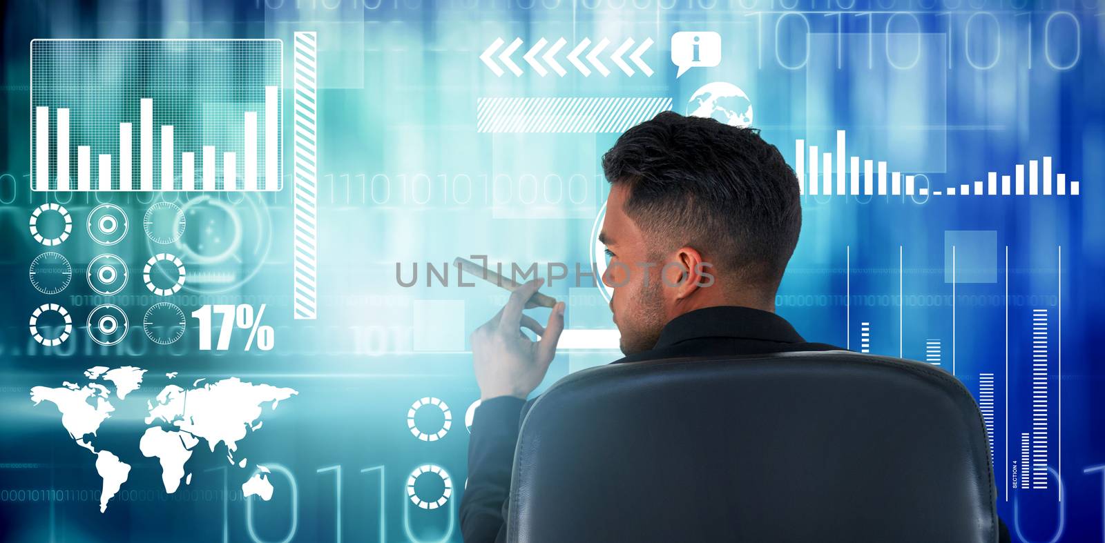Rear view of male executive holding cigar against blue technology design with binary code