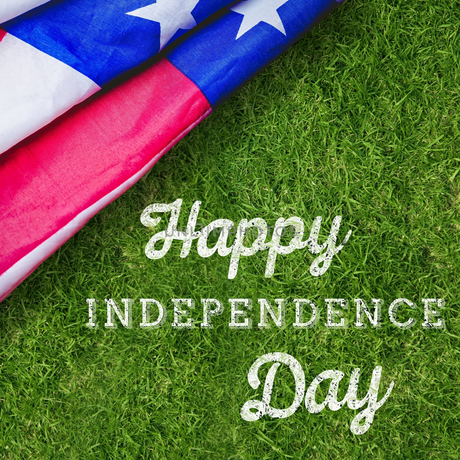 Independence day graphic against closed up view of grass