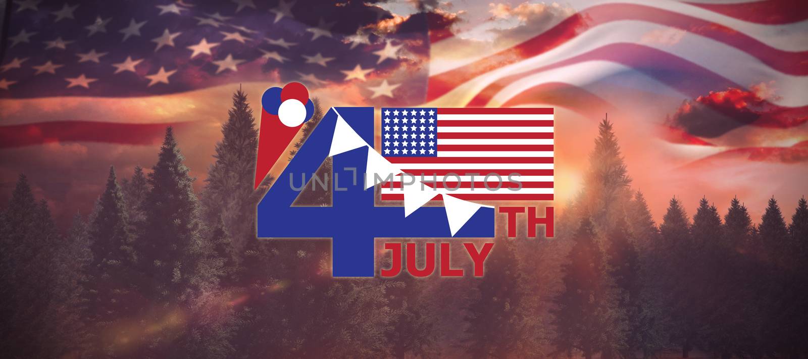 Vector image of 4th July text with flag and decoration  against country scene