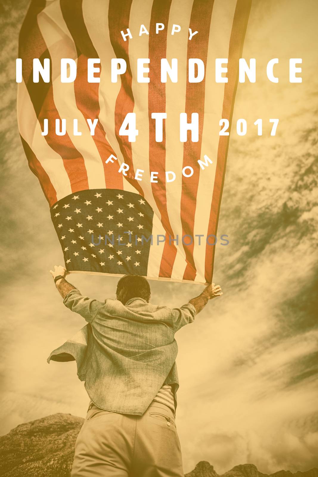 Computer graphic image of happy 4th of july text against rear view of man holding american flag against sky