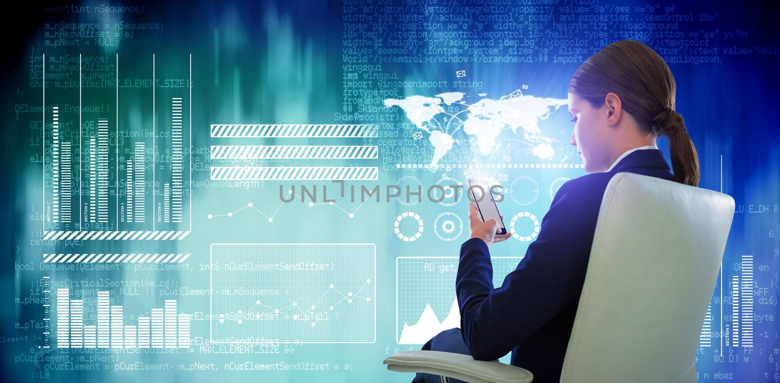 Composite image of full length of businesswoman using mobile while sitting on chair  by Wavebreakmedia