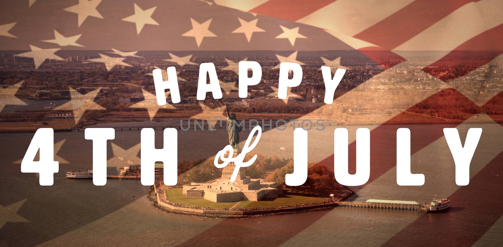 Digitally generated image of happy 4th of july text against high angle view of statue of liberty in sea