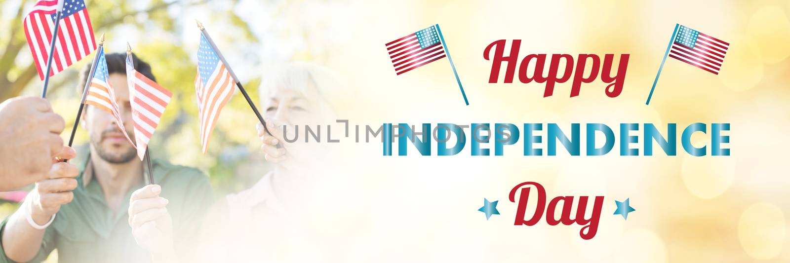 Happy independence day text over white background against happy family having a picnic