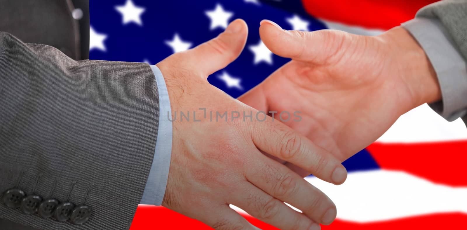 Two people going to shake their hands against highly detailed 3d render of an american flag