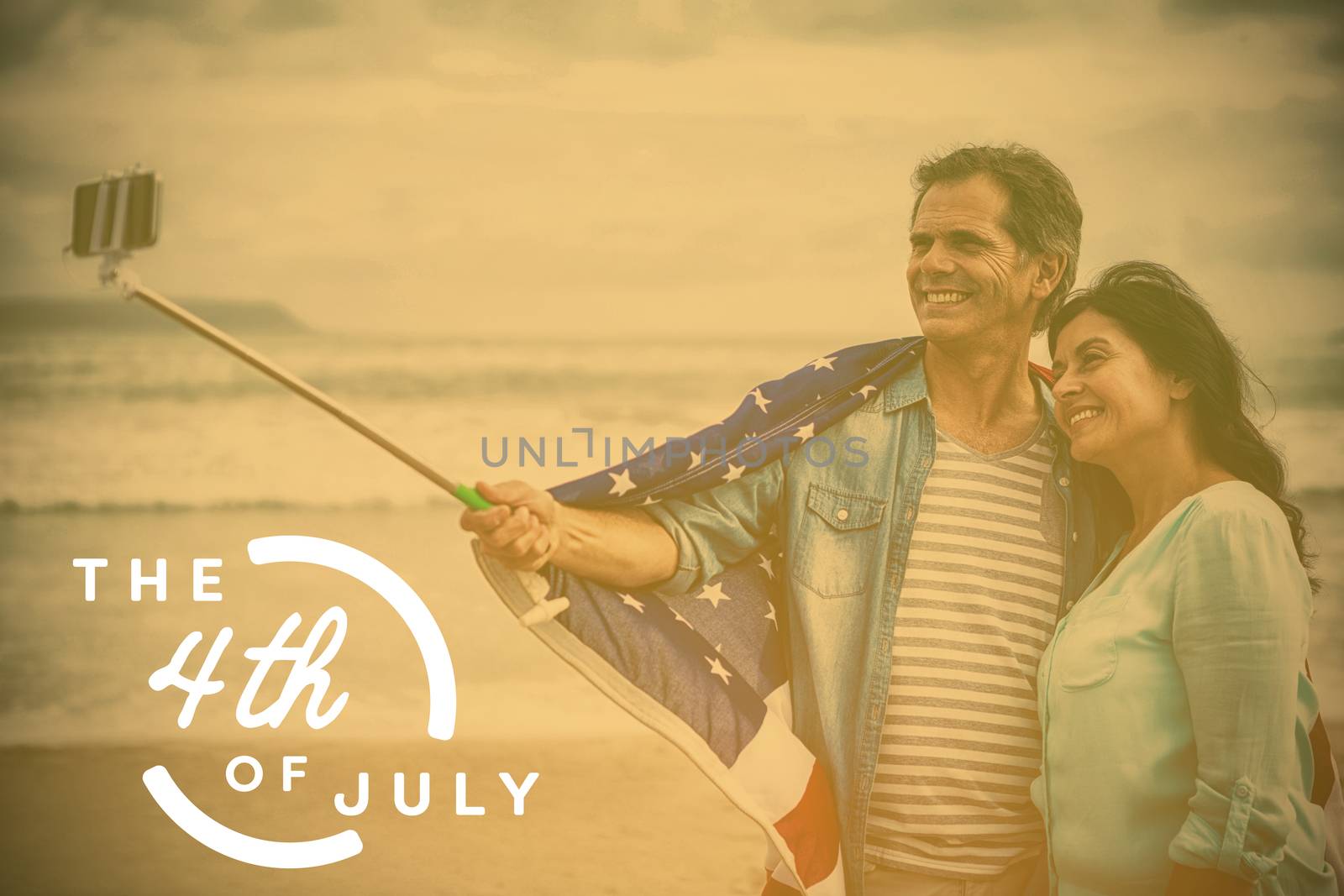 Colorful happy 4th of july text against white background against happy couple with american flag taking selfie