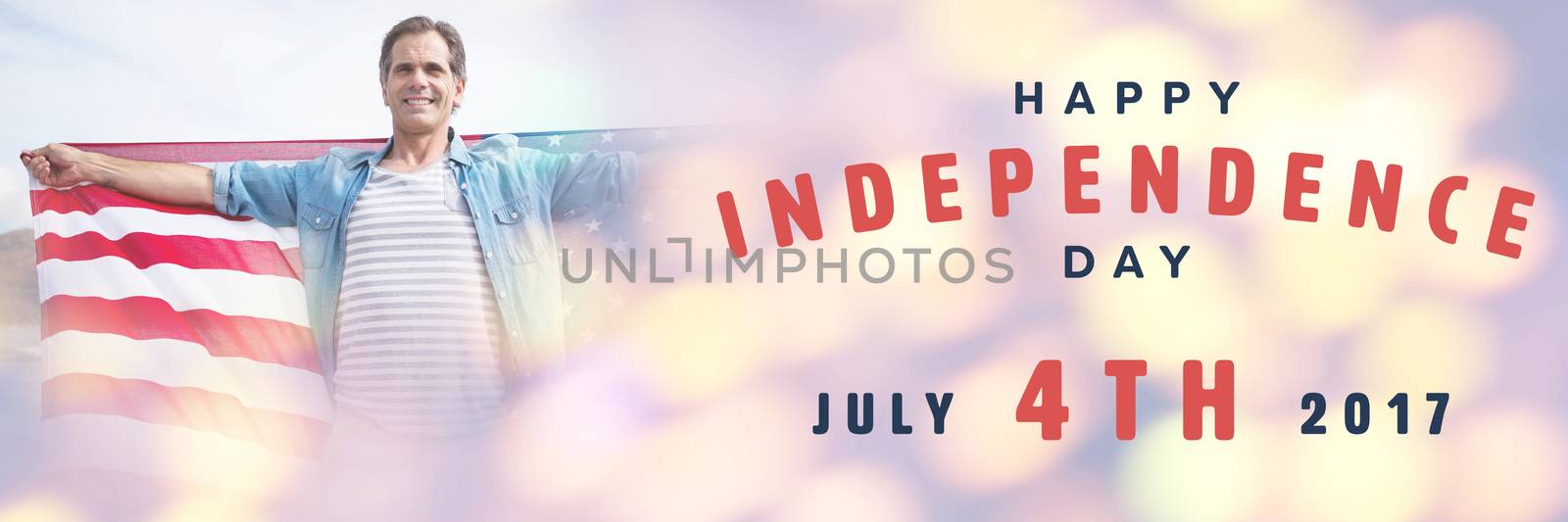 Happy 4th of july text on white background against man holding american flag at beach