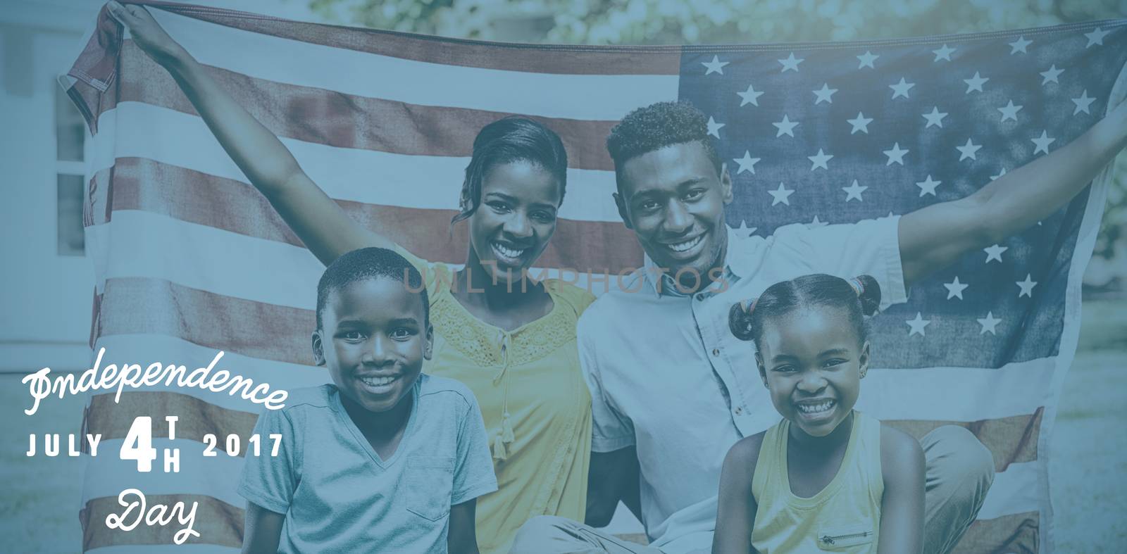 Digitally generated image of happy 4th of july message against happy family holding american flag