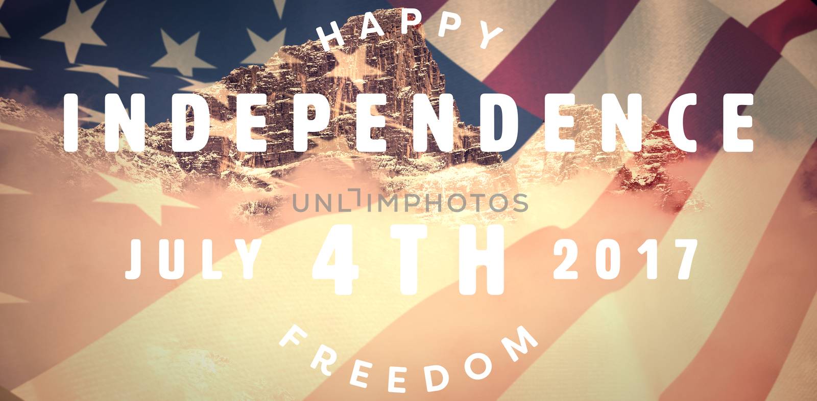 Computer graphic image of happy 4th of july text against view of snowy mountain range and clouds