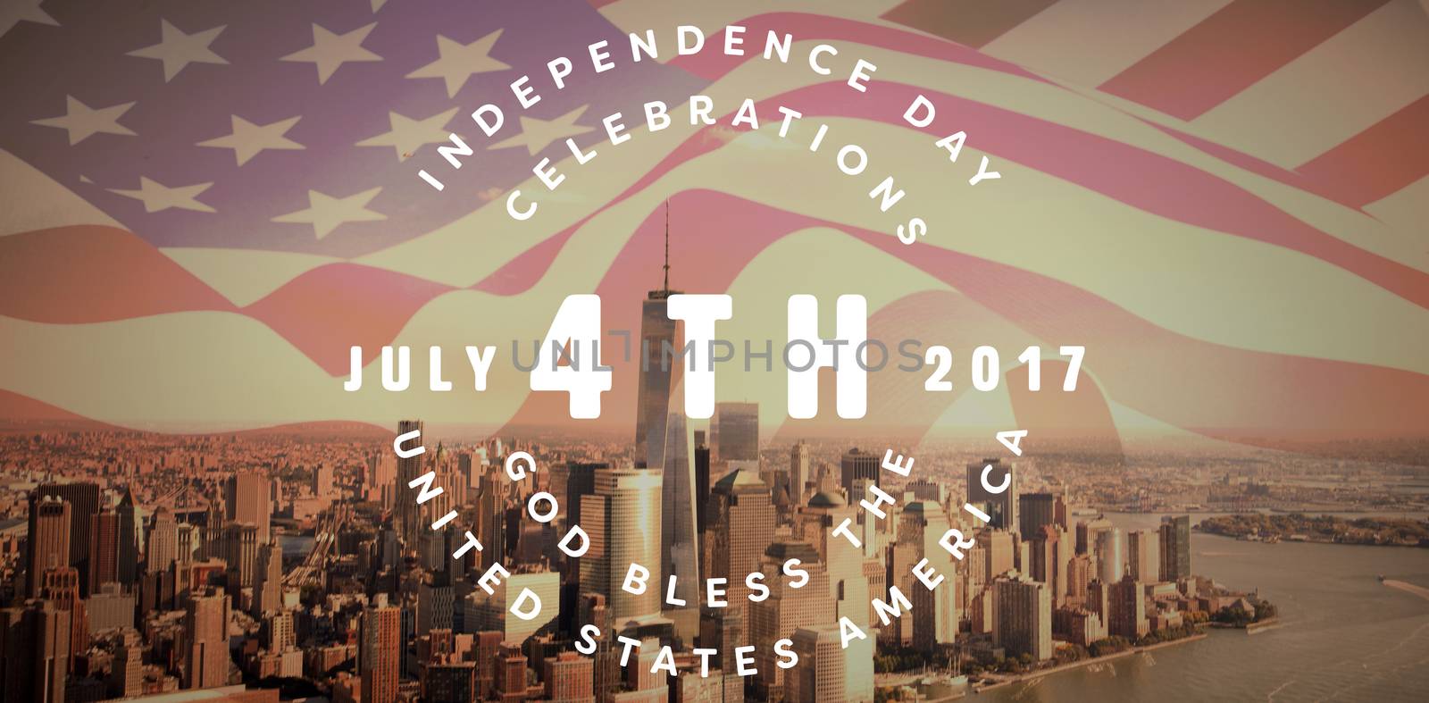 Multi colored happy 4th of july text against white background against view of cityscape with one world trade center by river against sky