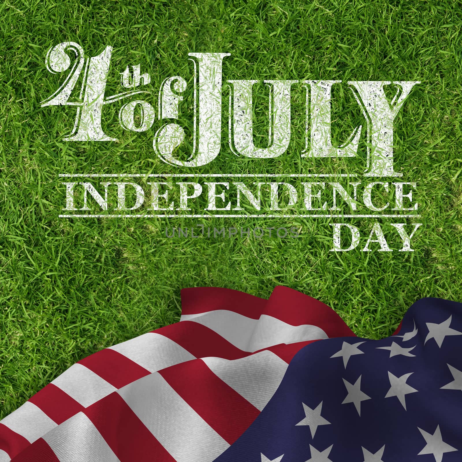 Independence day graphic against closed up view of grass