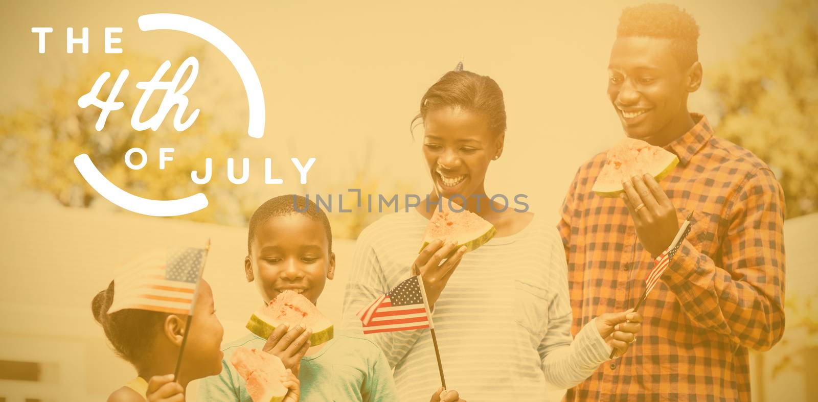Colorful happy 4th of july text against white background against happy family eating watermelon while holding usa flag 