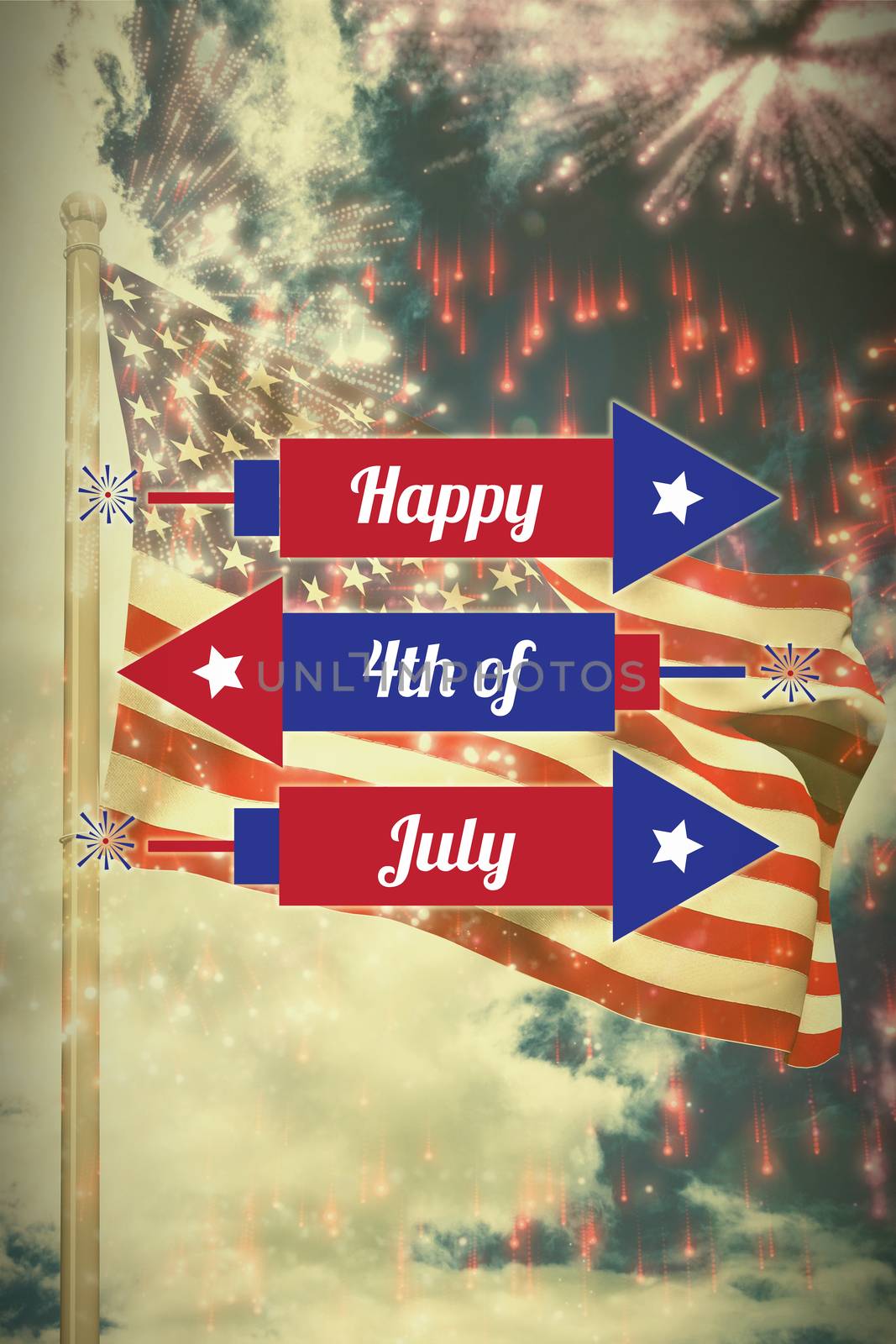 Composite image of digitally generated image of rockets with happy 4th of july text  by Wavebreakmedia