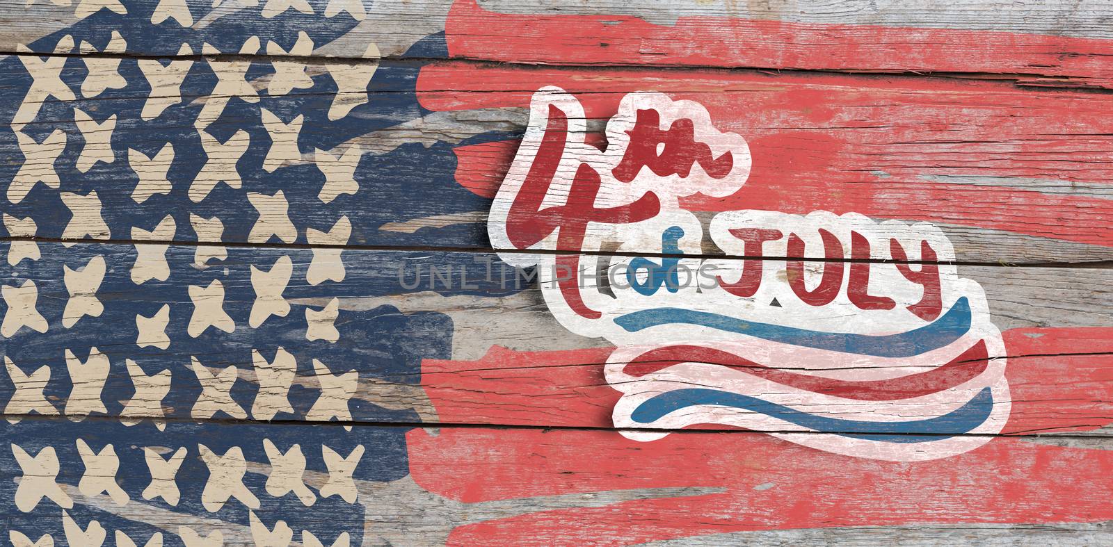 Digitally generated image of 4th of july text  against full frame of wooden wall
