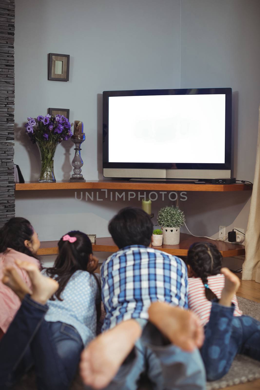Family watching television together in living room by Wavebreakmedia