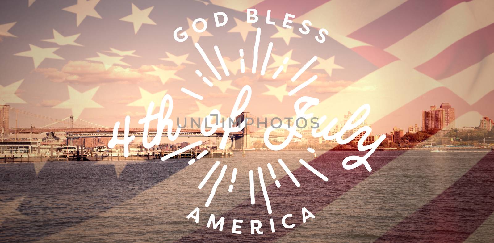 Digitally generated image of happy 4th of july message against bridge over bridge against sky