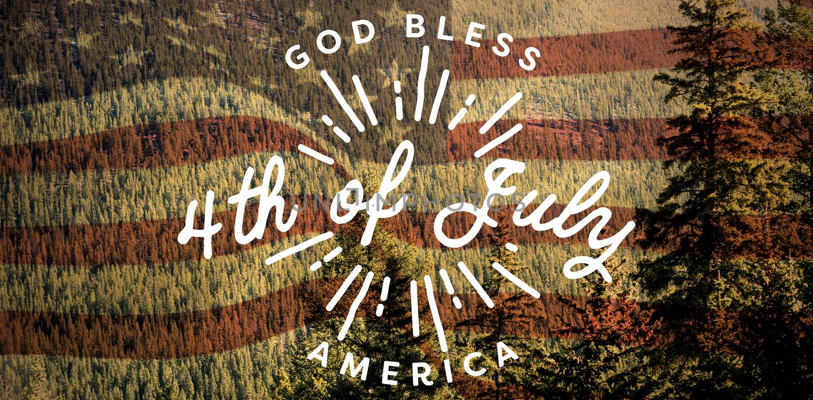 Digitally generated image of happy 4th of july message against scenic view of forest 