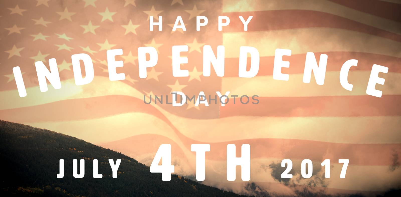 Happy 4th of july text on white background against view of mountain and cloudy sky