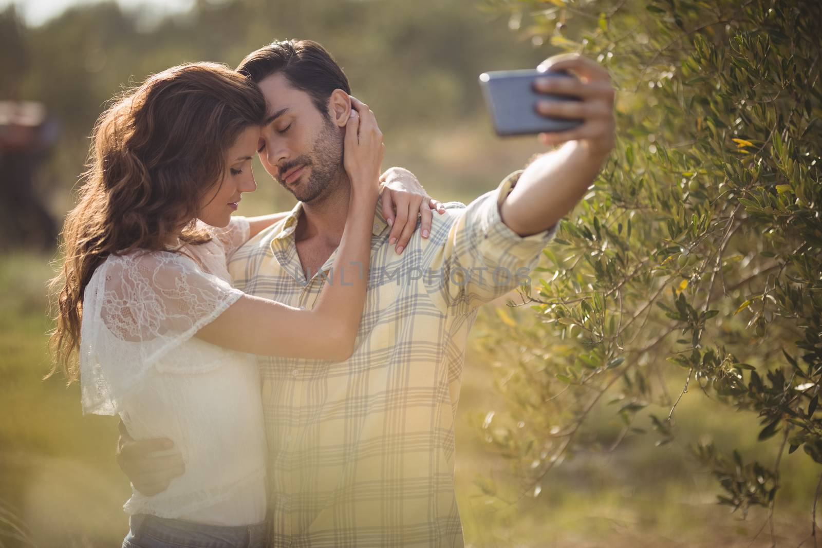 Romantic couple taking selfie by tree on sunny day