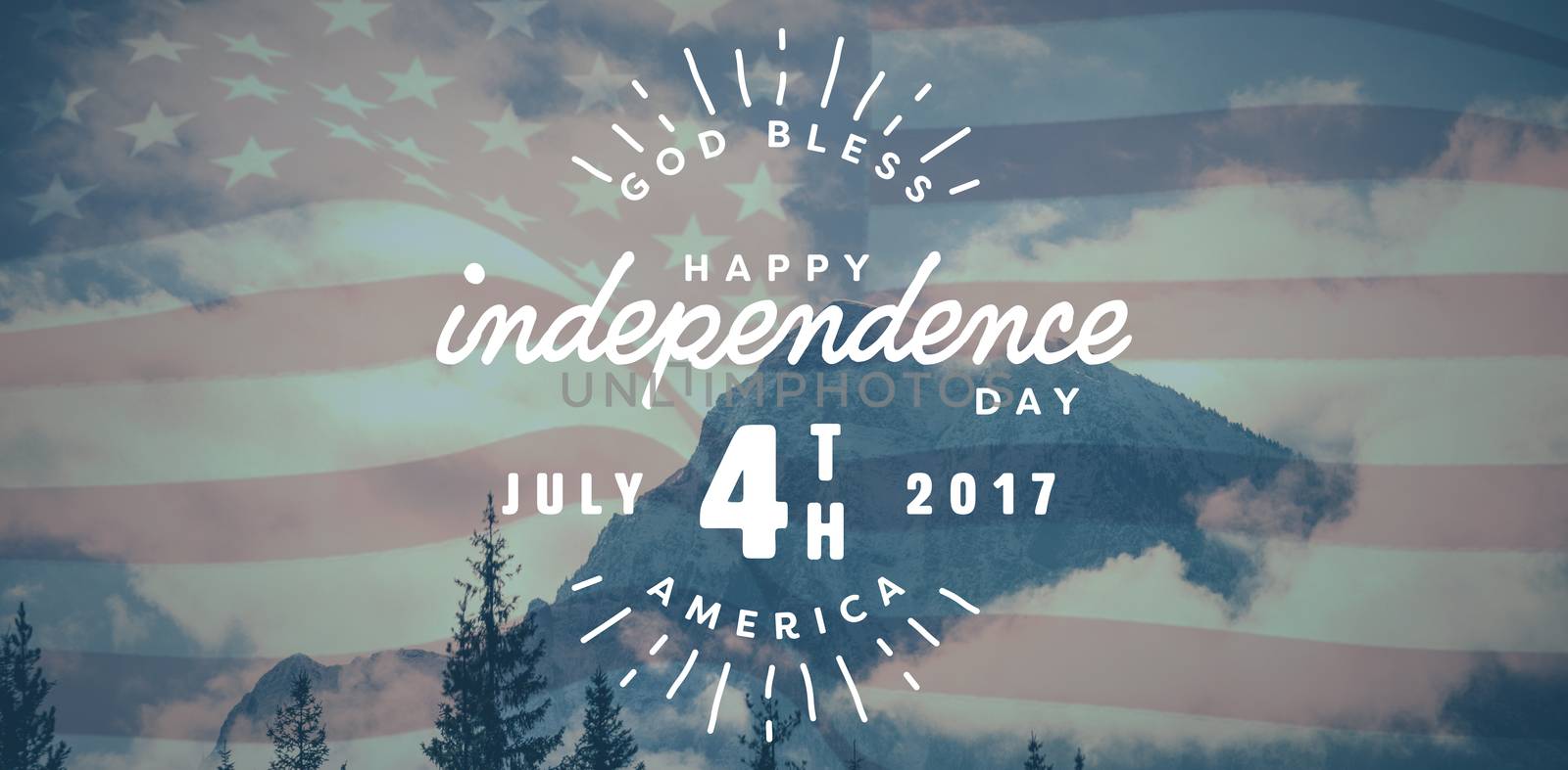 Digitally generated image of happy 4th of july text against snowy mountain range against sky
