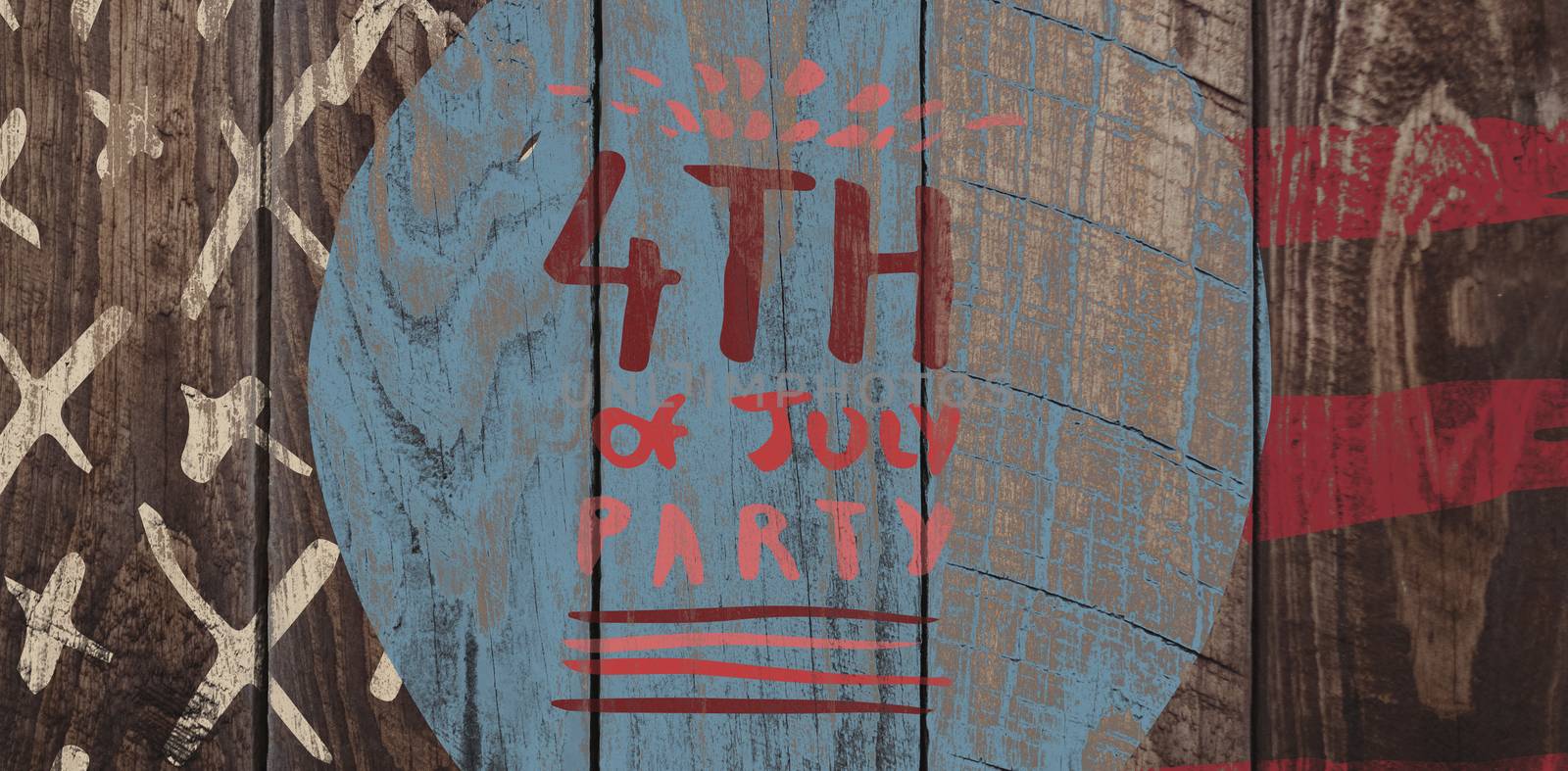 Digitally generated image of 4th of july party text against wood panelling
