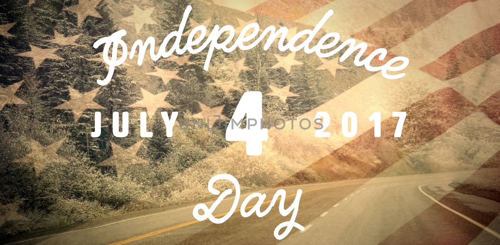 Digitally generated image of happy 4th of july message against asphalt road through forest