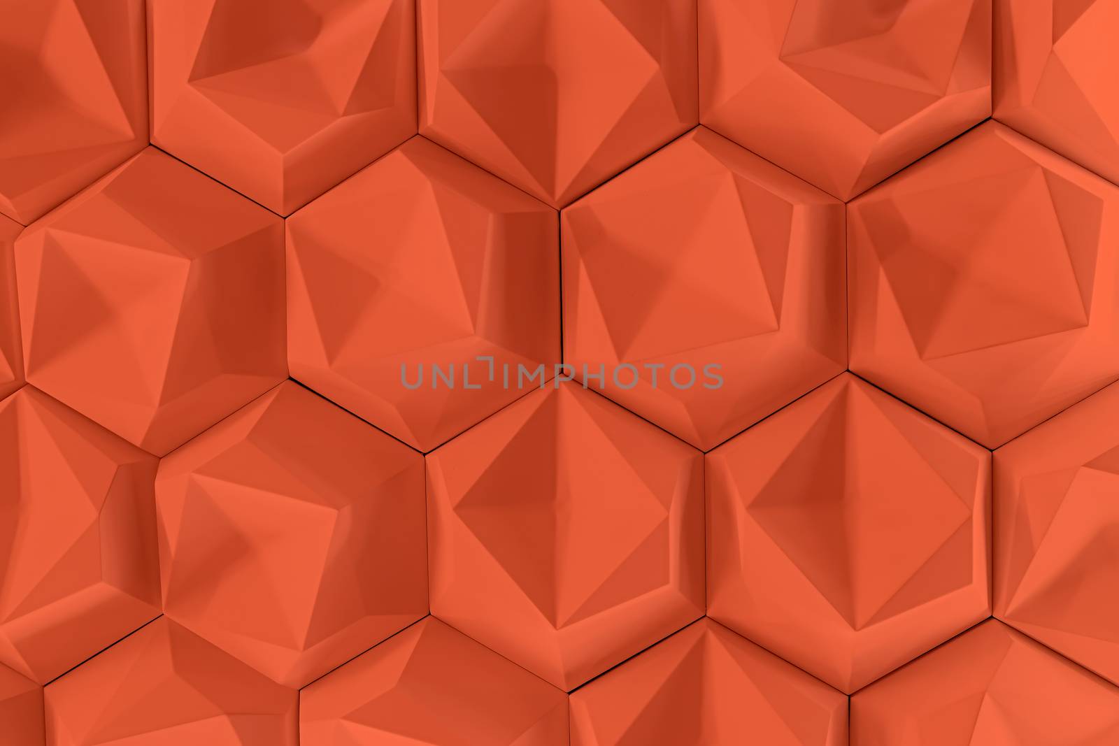 3D decorative wall for the interior of an unusual hexagonal geometric shape, similar to a honeycomb. Abstract texture of saturated orange red
