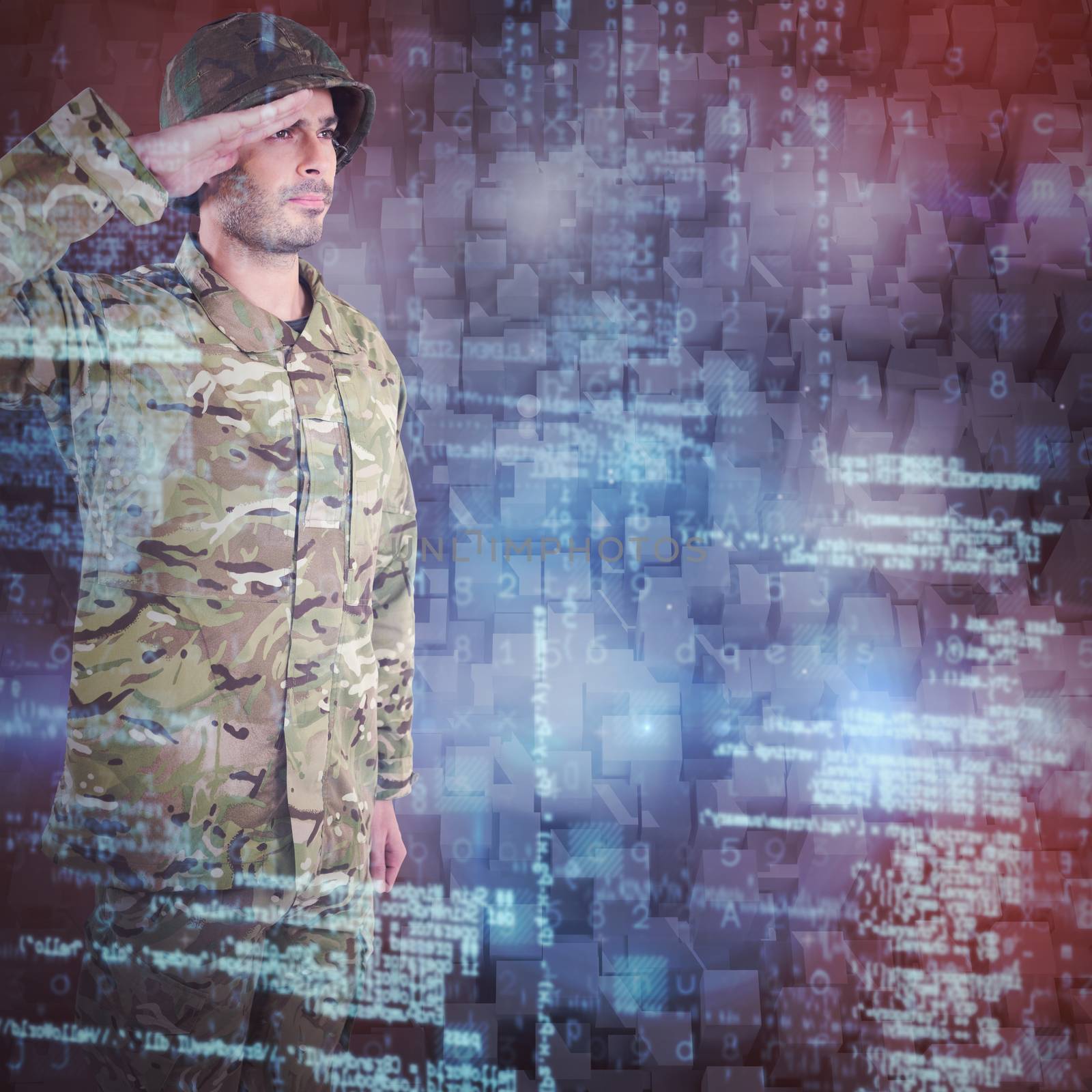 Confident military soldier saluting against graphic image of blocks