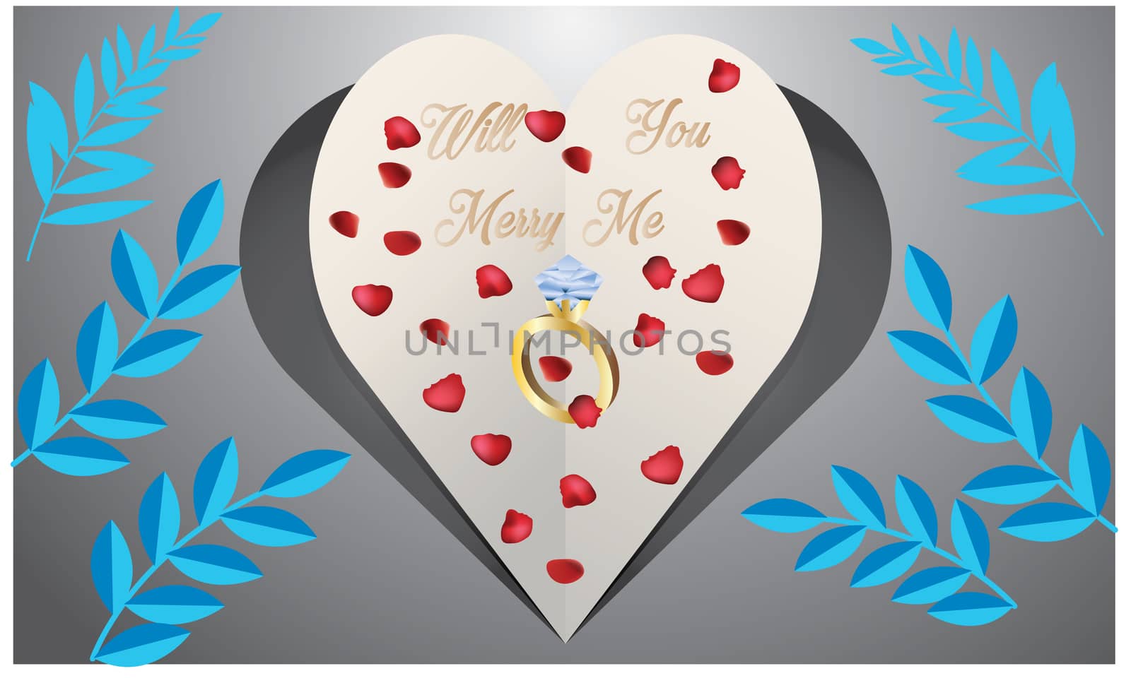 paper cut heart on abstract floral background with ring and rose petals