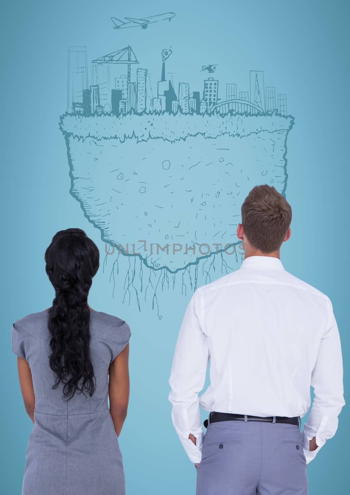 Back of business people against blue background and city earth doodle by Wavebreakmedia