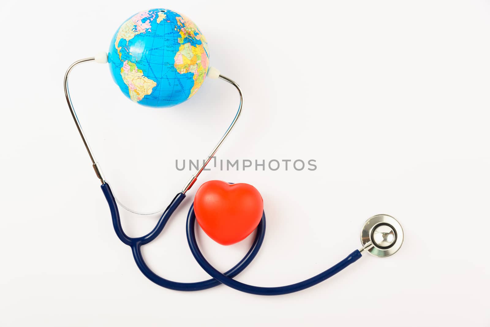 World health day concept, Stethoscope, globe and red heart on white background with copy space. Global health care