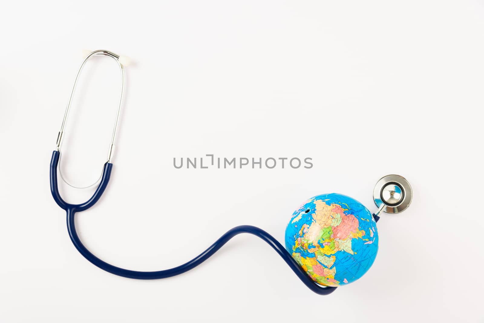 World health day concept, Stethoscope and globe on white background with copy space. Global health care