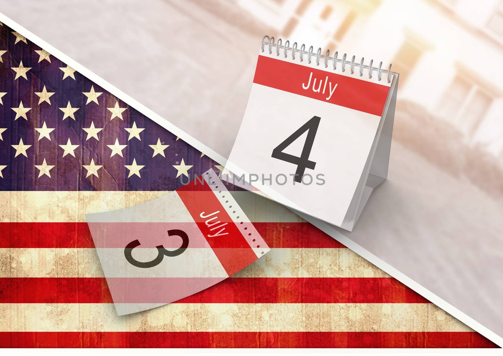 Digital composite of 4th of July calendar against american flag