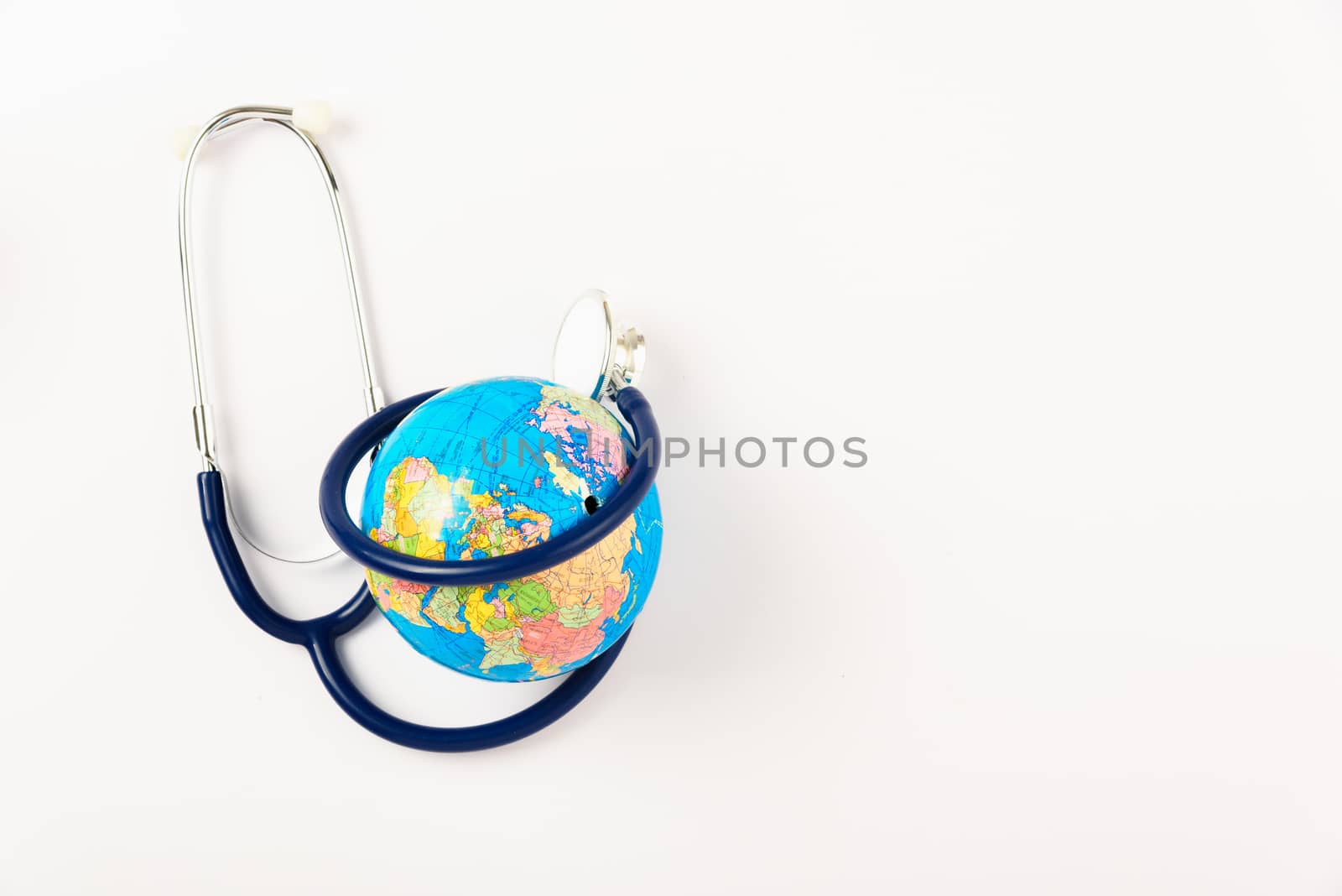World health day concept, Stethoscope and globe on white background with copy space. Global health care