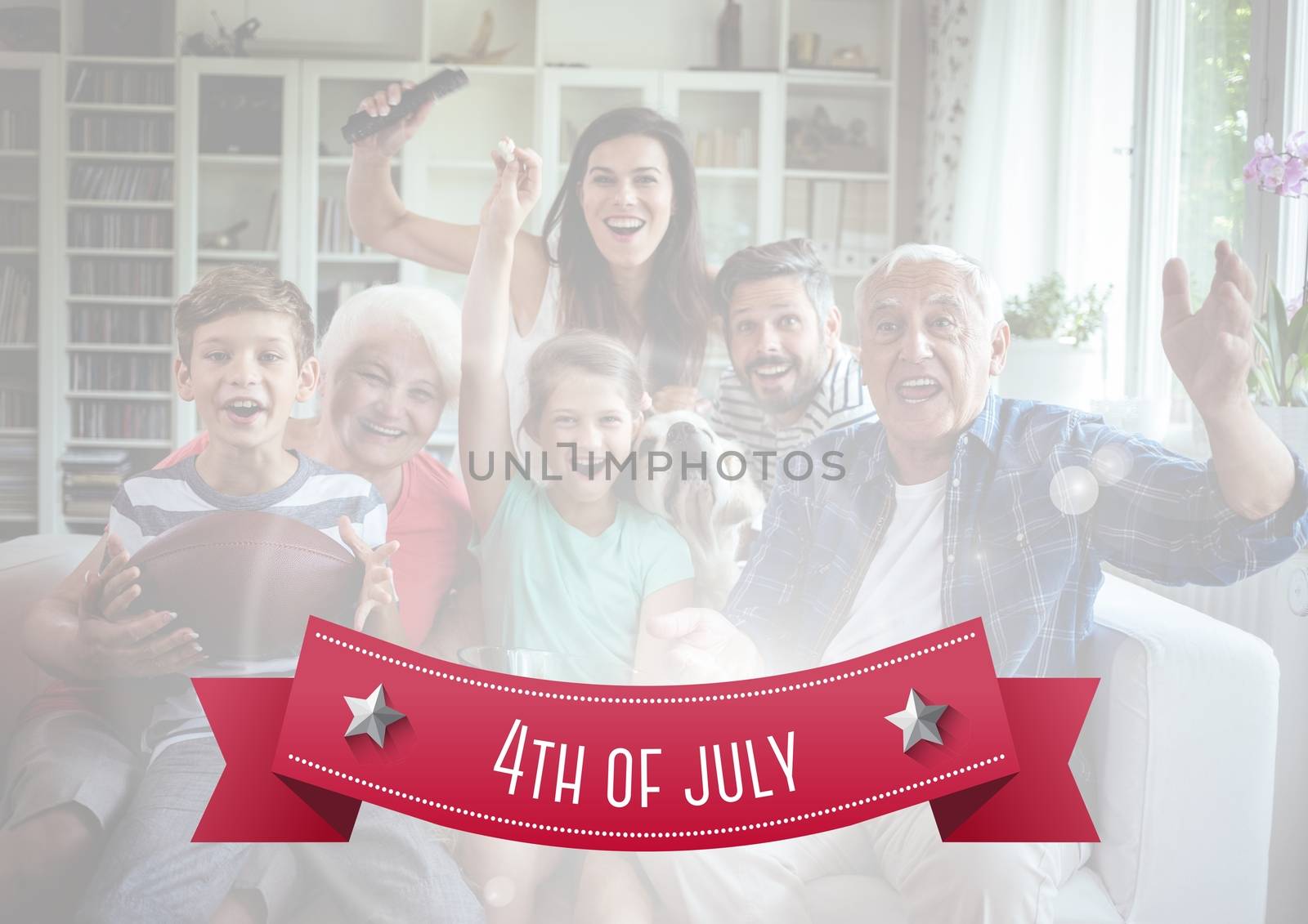 Digital composite of Happy american family on a couch for the 4th of july