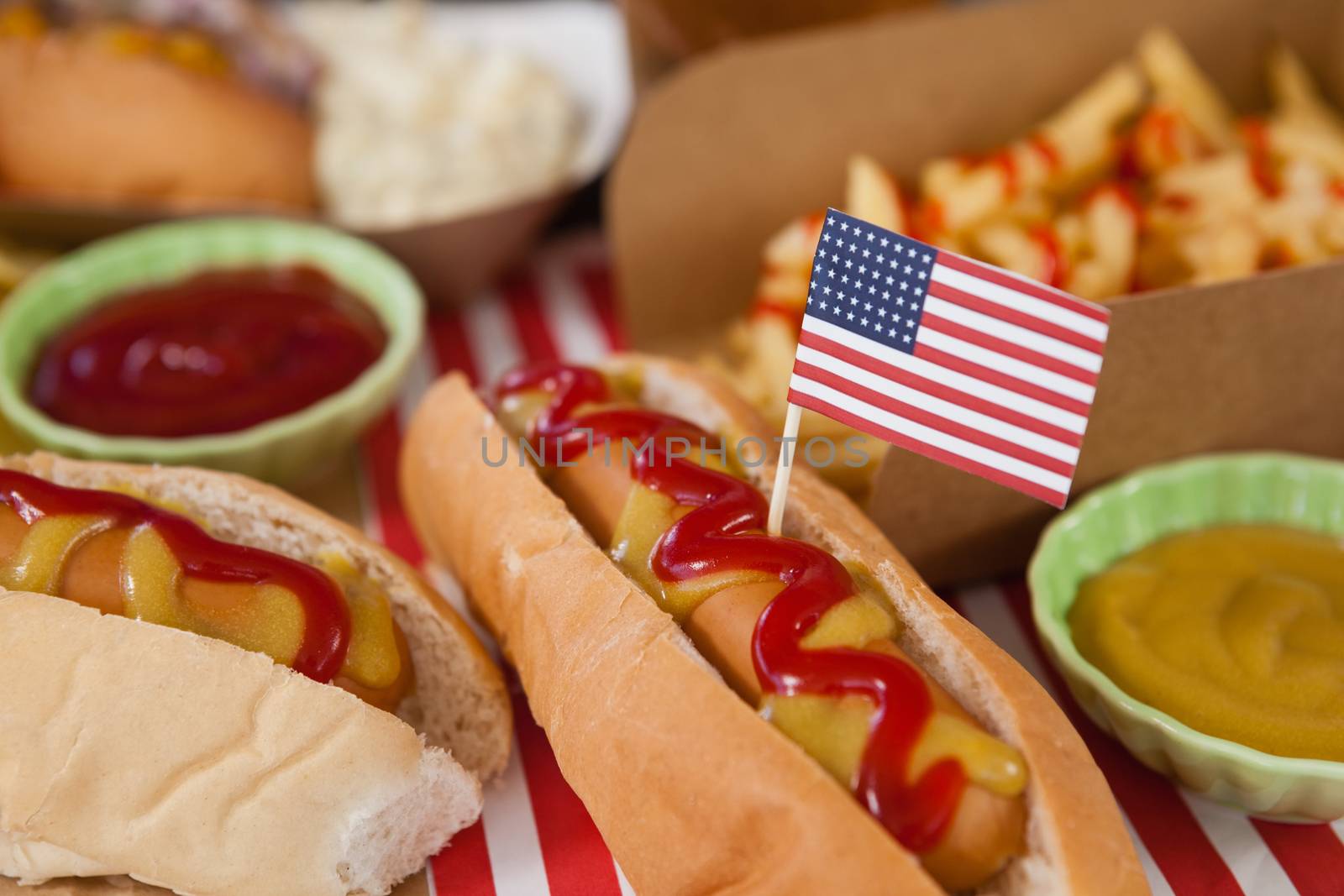 Close-up of hot dog decorated with 4th july theme