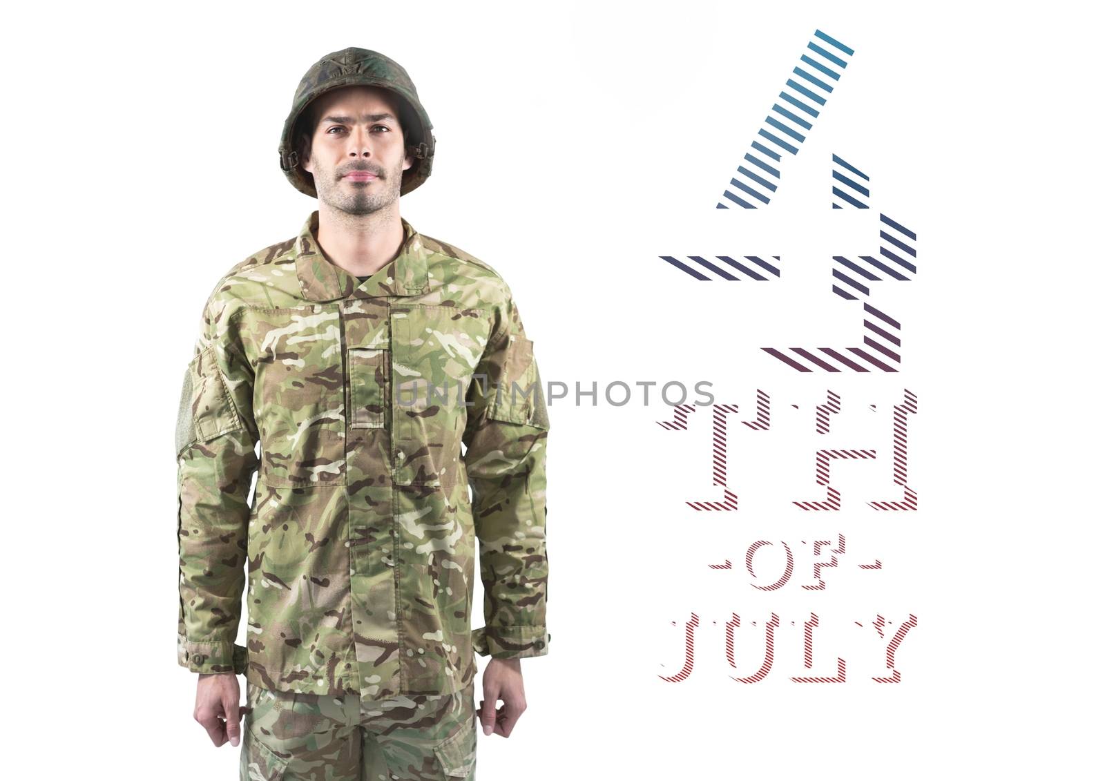 Digital composite of Proud soldier standing against 4th of July background