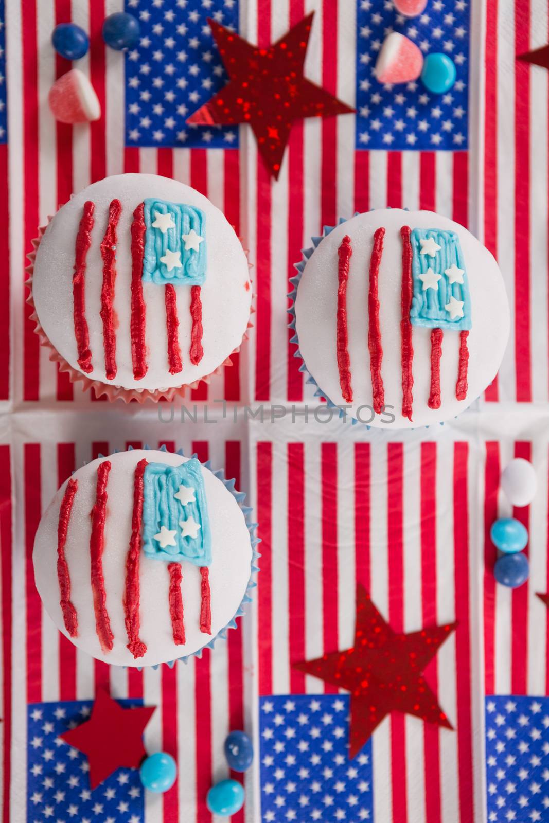 Close-up of decorated cupcakes with 4th july theme