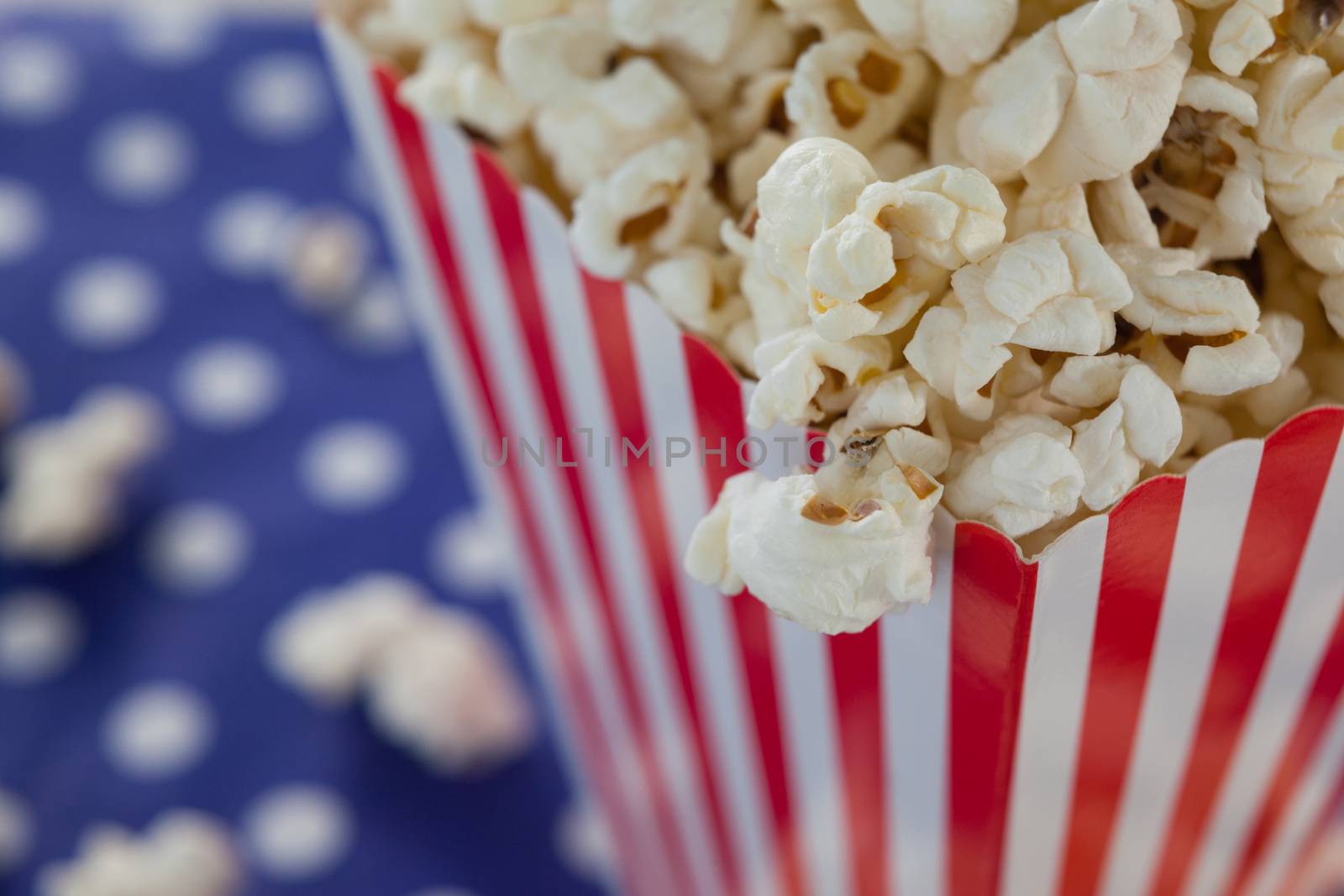 Close-up of popcorn with 4th july theme on cloth