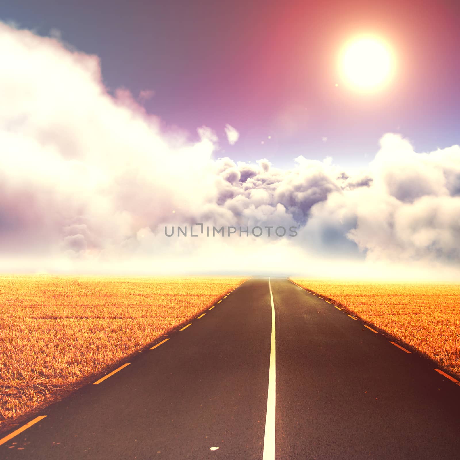Idyllic view of sun over cloudscape during sunny day against road landscape