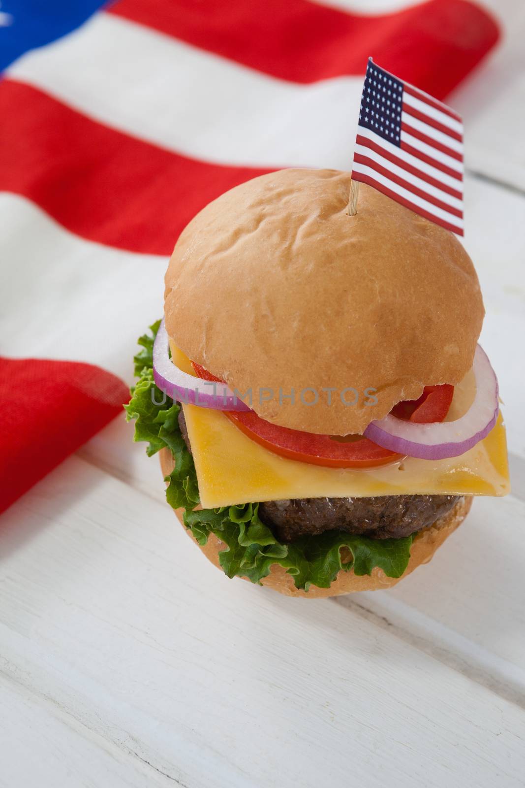 Close-up of hamburger with 4th july theme