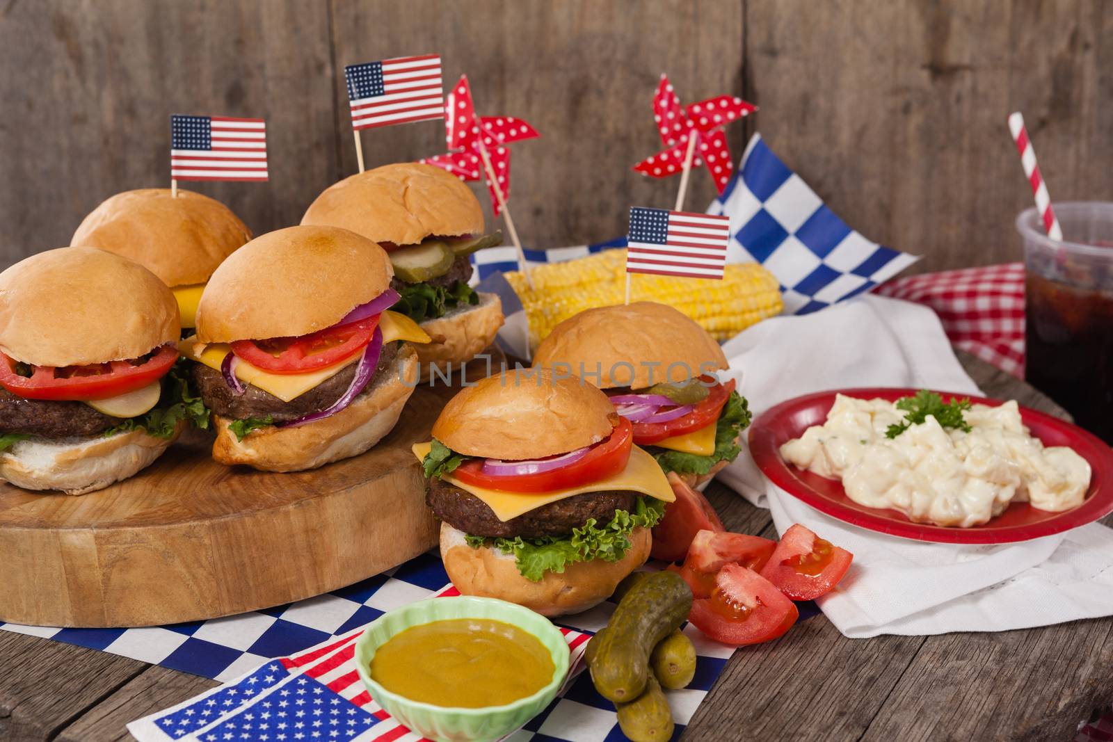 Snacks decorated with 4th july theme on wooden table