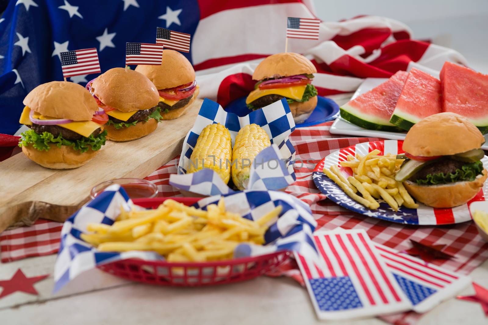 Breakfast and American flag on tablecloth with 4th july theme