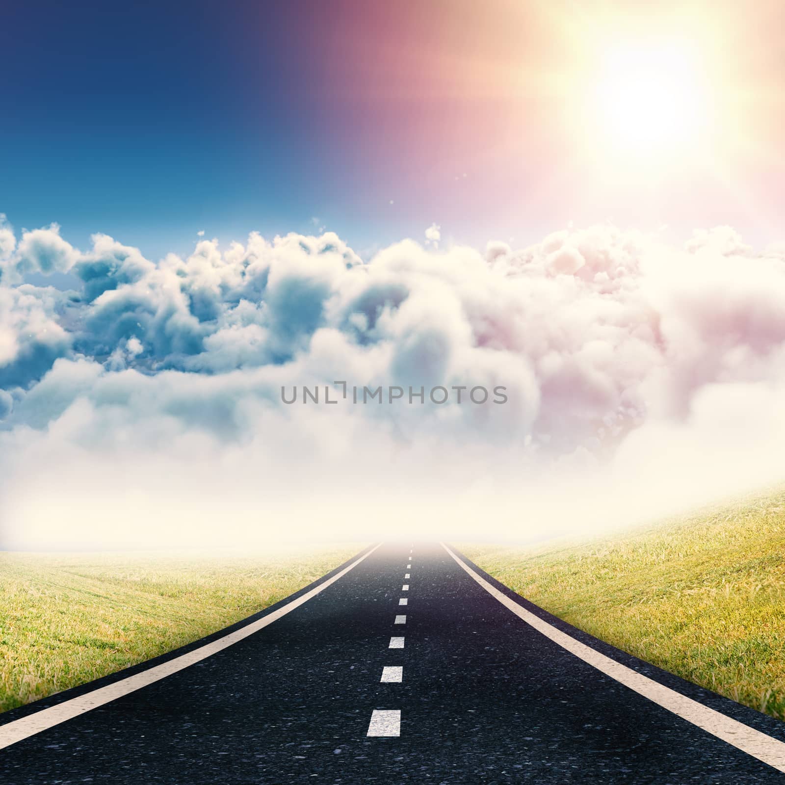 Scenic view of sun over cloudscape during sunny day against road leading out to the horizon