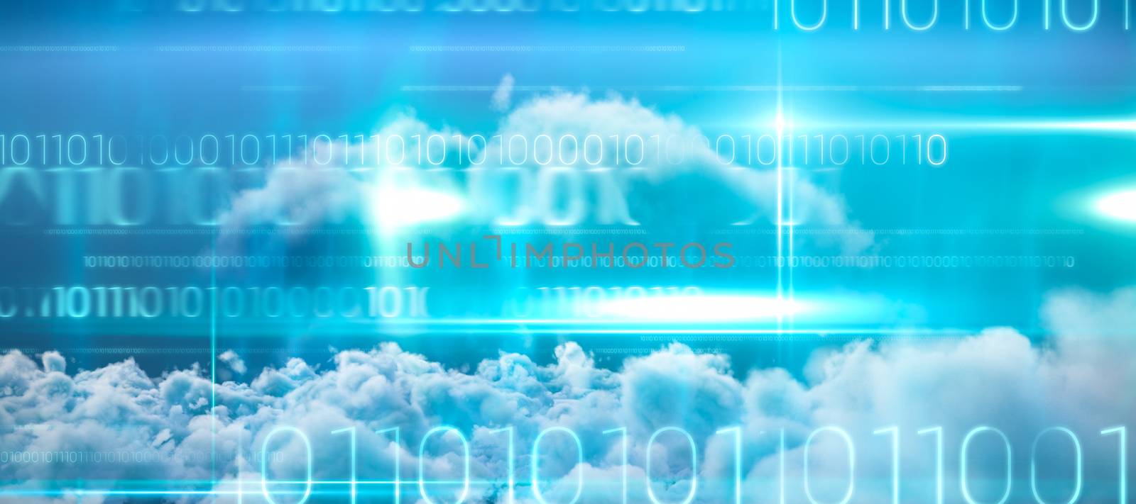 Blue technology design with binary code against close up of clouds