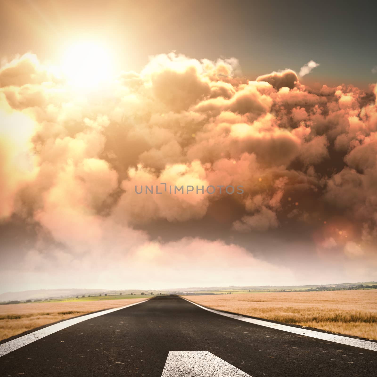 Scenic view of bright sun over clouds against road landscape