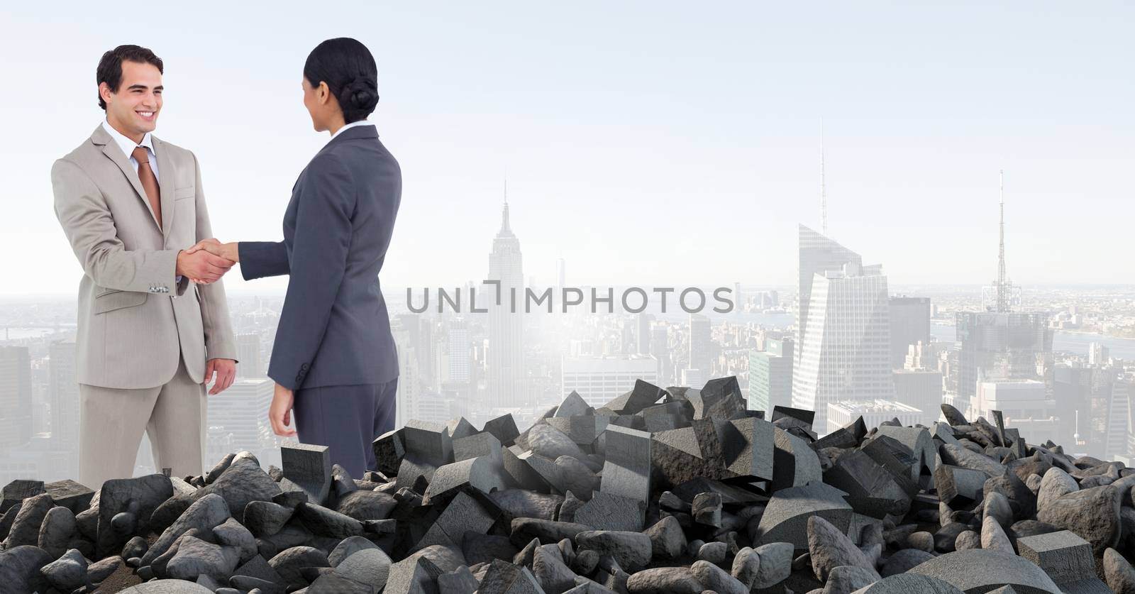 Digital composite of Broken concrete pile and business people in cityscape