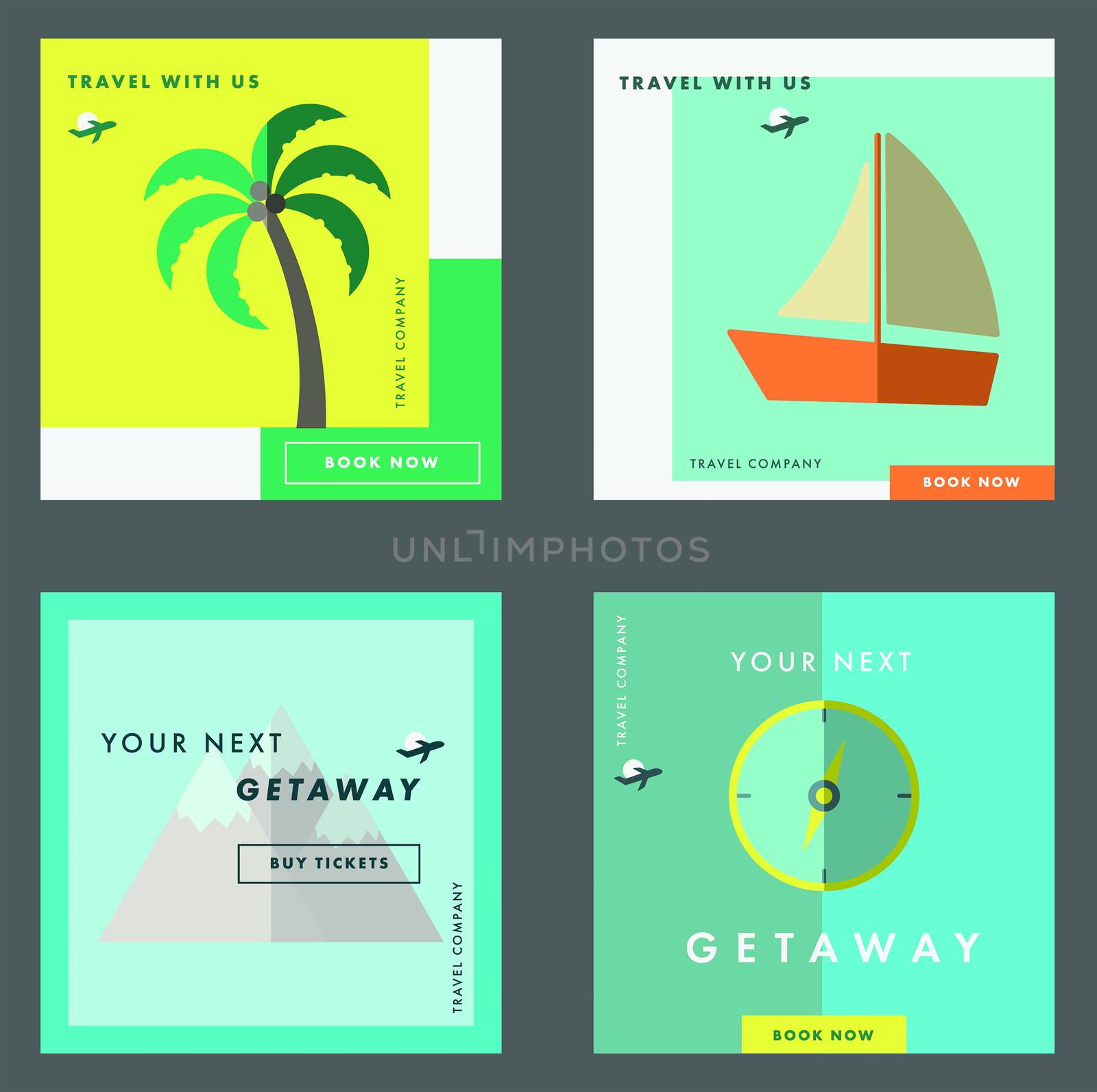 Vector icon set of travel against colored background